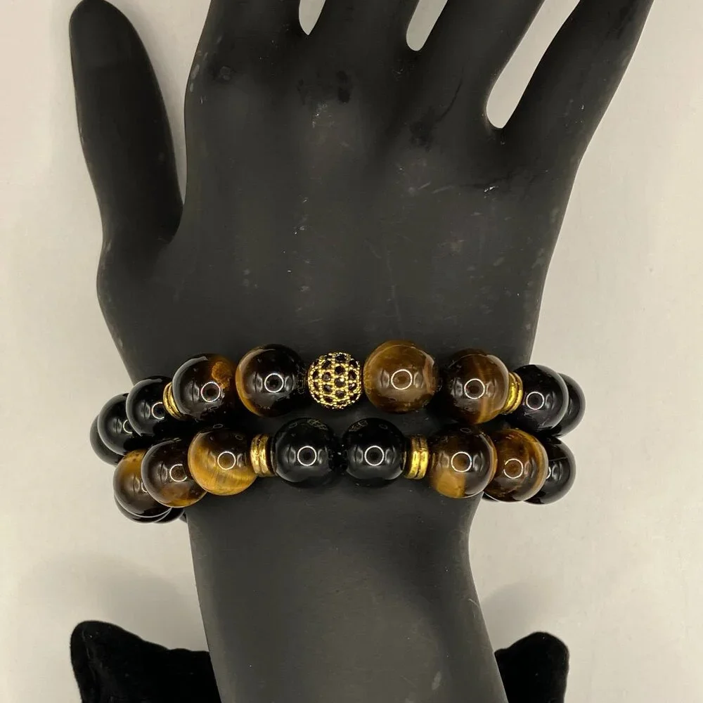 Tiger Eye Cubic Zirconia + Black Agate Gemstone 2-strand Bracelet Brand New